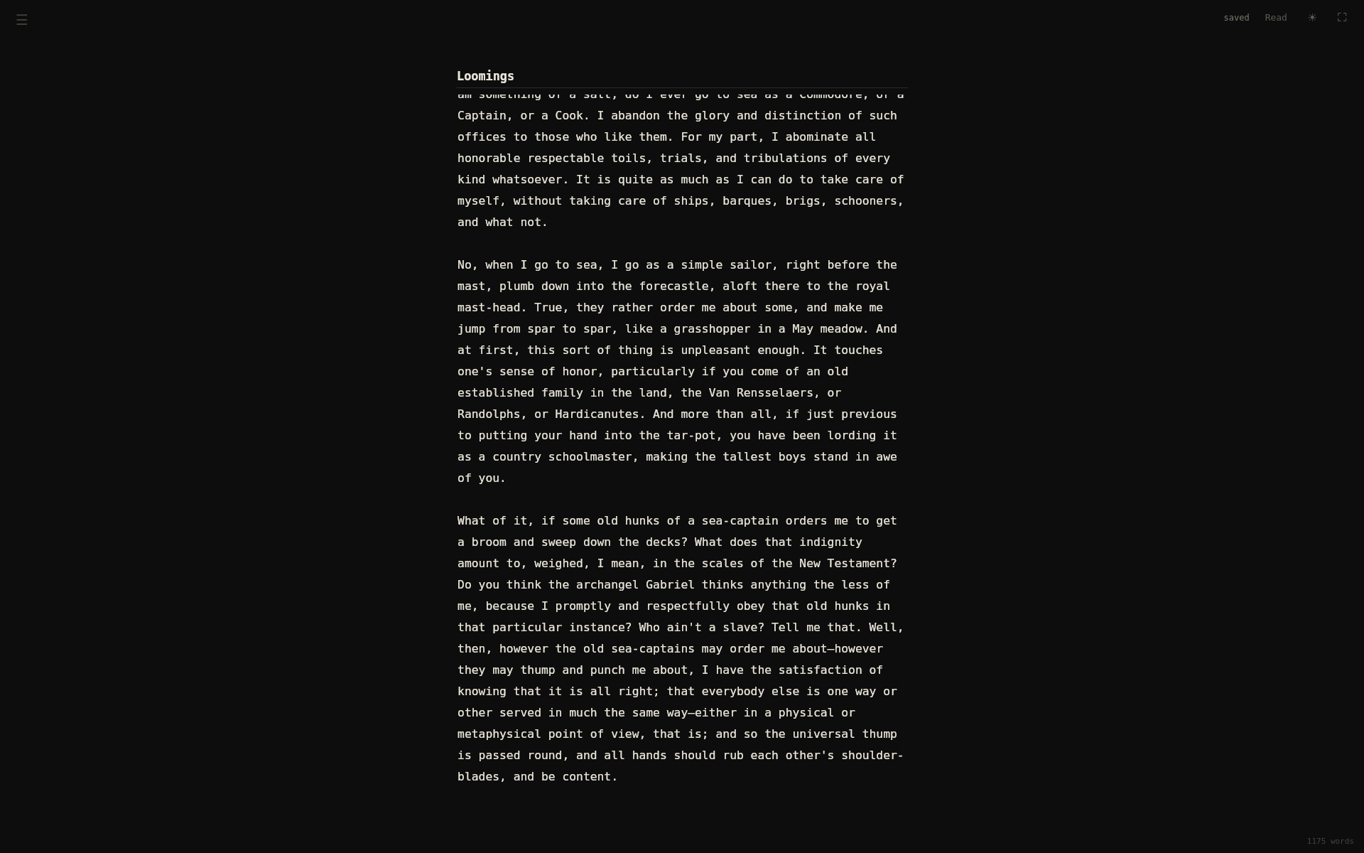 write-a-lot in write mode: a quiet full-screen writing column on black paper